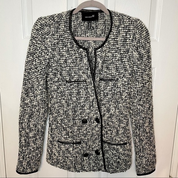 𝅺ISABEL Marant Black & White Tweed with Leather Trim Wool Blend Button Jacket 0 - Picture 1 of 7